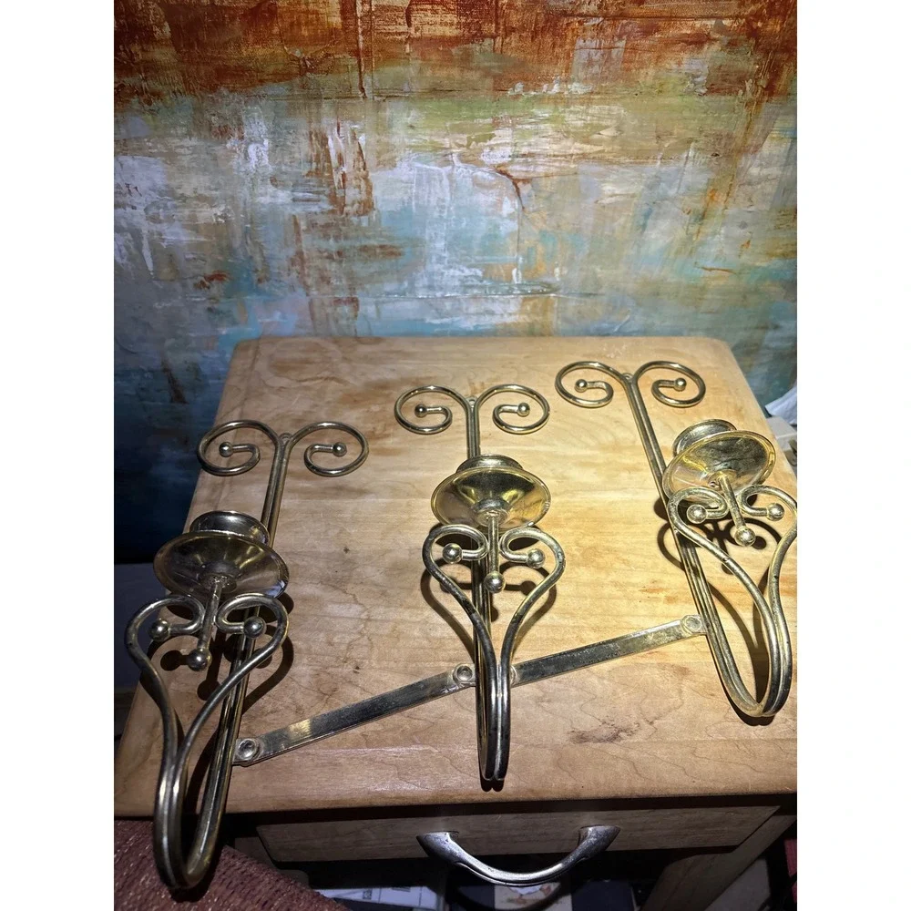 Vintage Brass Triple Wall Sconce Taper Candle Holder Folding Scrollwork Heart